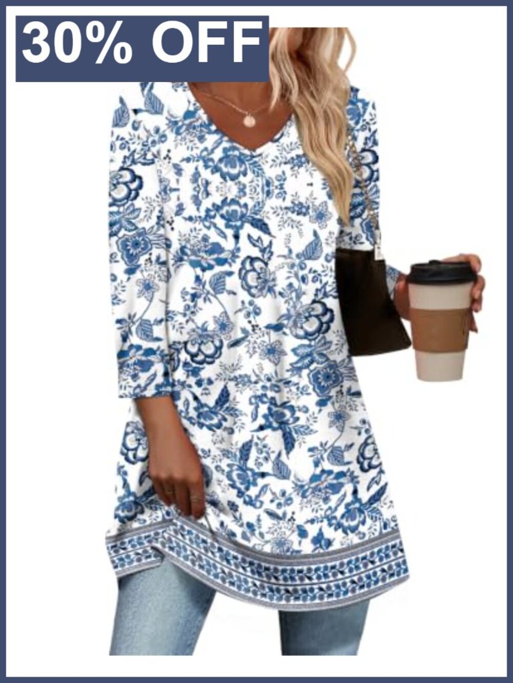 Women's 3/4 Sleeve V-Neck Tunic Top Floral Plus Size Dressy Casual